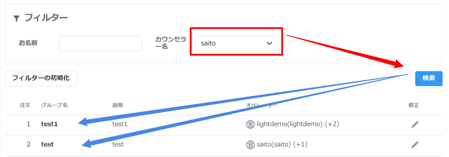 Gitpleオペレーターが所属するグループフィルタ